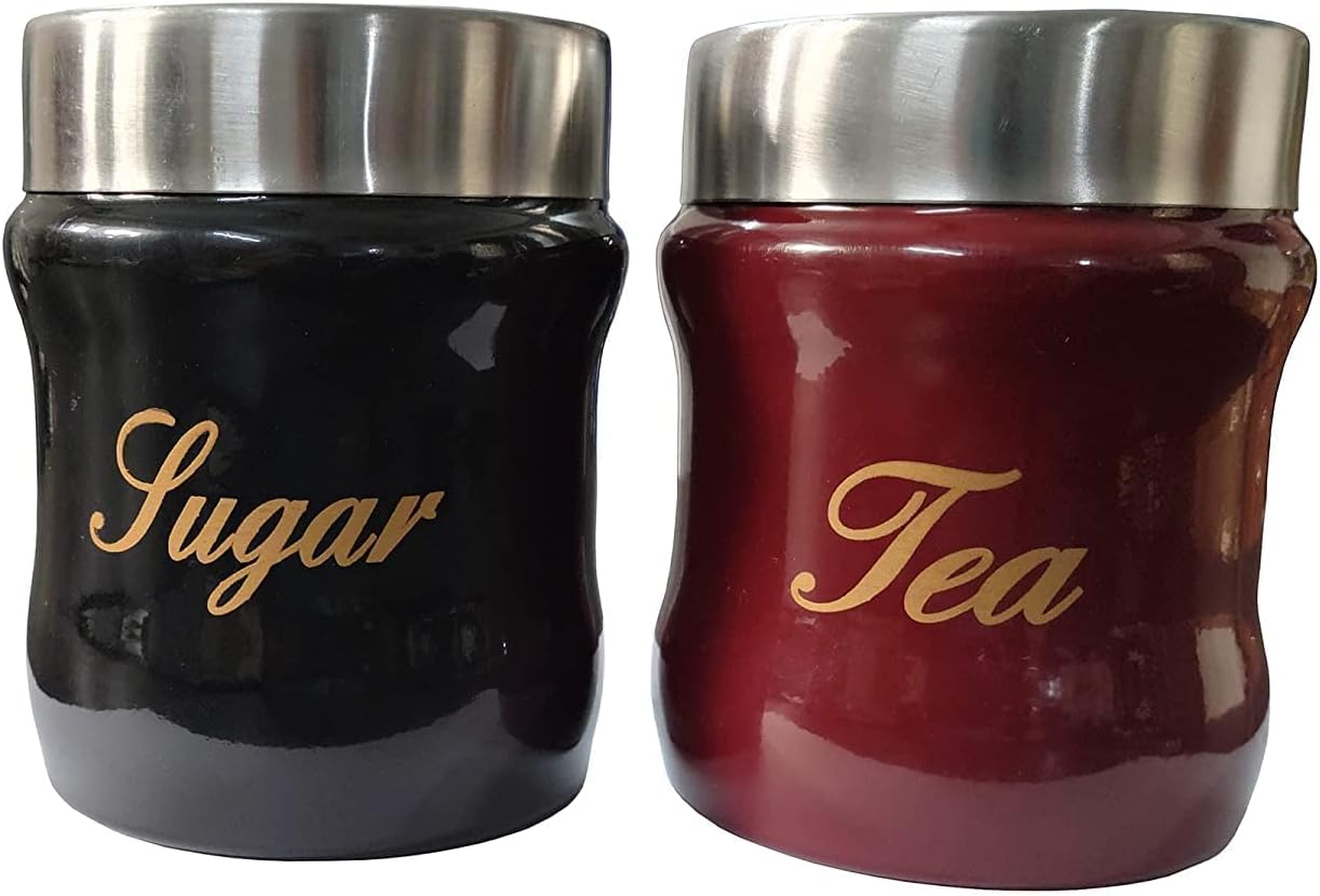 Parika Stainless Steel Damru Shape Tea Sugar Container Set For Home & Kitchen Use Tope Container , Storage Box Dabba 500 ML Each (Set of 1 , multicolor)