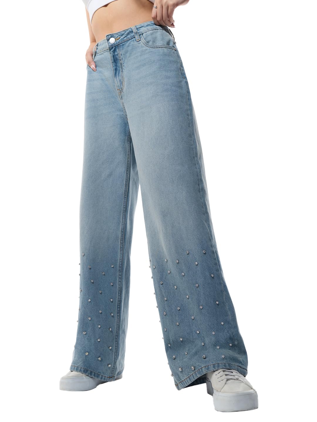 the souled store Wide-Leg Denim: ICY Drip Women and Girls Zippered Waistband Light Blue Solid Rhinestone Embellished Cotton Denim Wide Leg Breathable Durable Lightweight Everyday All-Season Jeans-picture-41