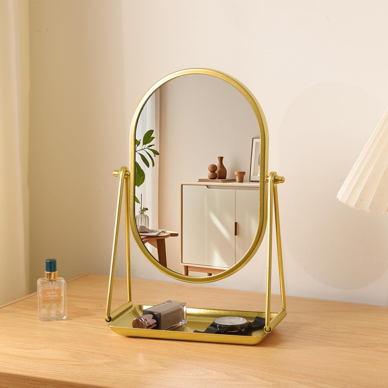 Miroir de coiffeuse ovale doré avec plateau rotatif à 360° réglable en métal pour table de robe, salon, chambre, bureau, salle de bain