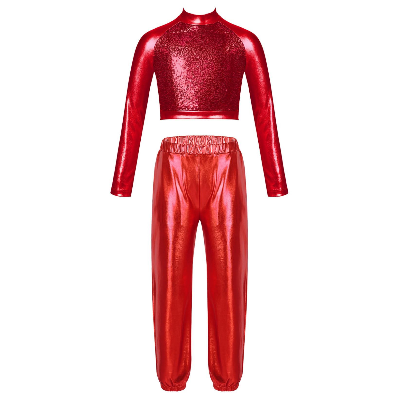 JanJean Kids Girls 2Pcs Dance Tracksuit Shiny Metallic Crop Top with Athletic Sweatpants Jazz Hip Hop Jazz Dance Costume Red 6 Years