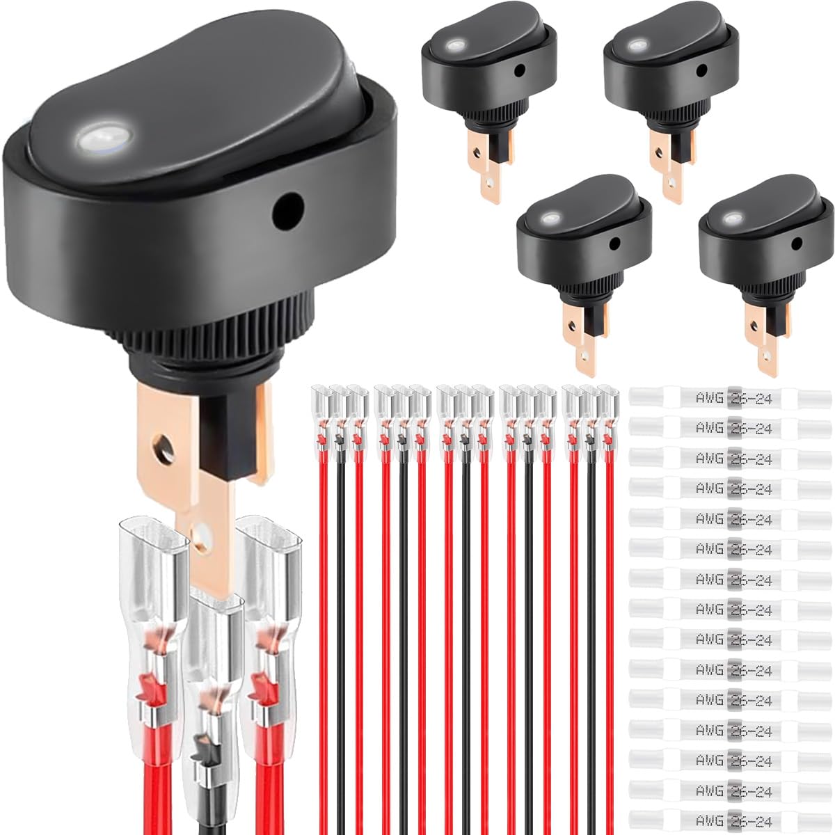 MKBKLLJY4St. LED-Kippschalter-Set DC 12V 30A SPST 3-Pin Ein/Aus – Rot, Blau, Grün, Gelb Beleuchtet Für Auto, Boot & Mehr – Inkl. Klemmen Und Drähten