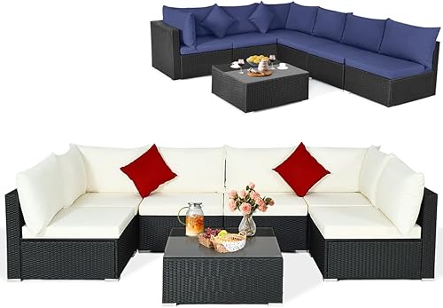 Tangkula Juego de muebles de patio de 7 piezas, sofá modular para exteriores con 2 almohadas y fundas de cojín, juego de conversación de sofá de