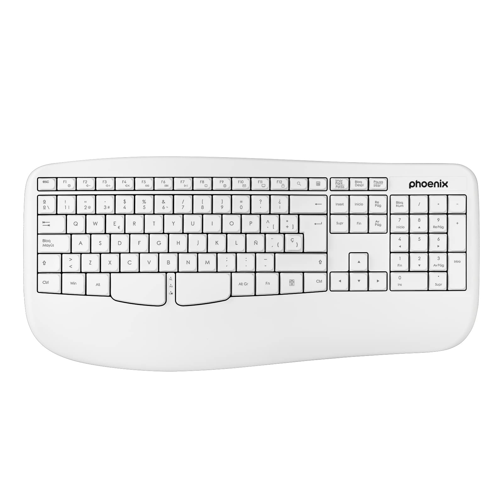 Phoenix K201 Teclado inalámbrico | Ergonomico 2.4 GHz | QWERTY Español con Teclas Multimedia | Compatible Windows, Mac y Linux (White)