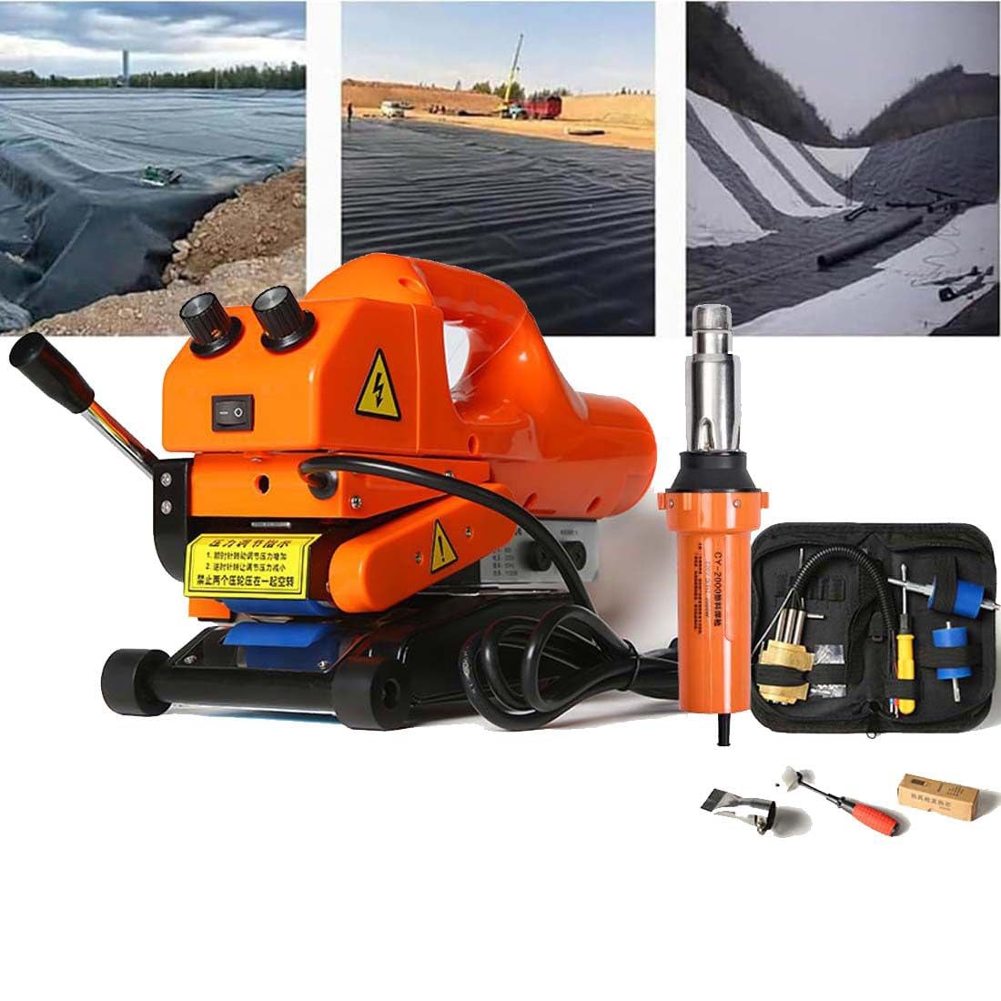 FHRKA Geomembrane HDPE Welding Machine Hot Wedge Welder 1100W Welding Tool for 0.2-2.0mm Membrana Thickness with 2000W Hot Air Welding Gun (Steelwheels 20CM)