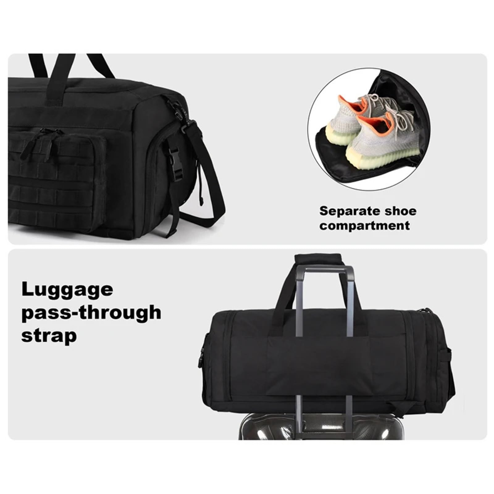 Bolsa Deporte Bolsa de Lona Viaje 3 en 1 50L for Hombre, Bolsas Deportivas Grandes for Gimnasio, Mochila con Compartimento for Zapatos y Bolsillo húmedo(Black and White)