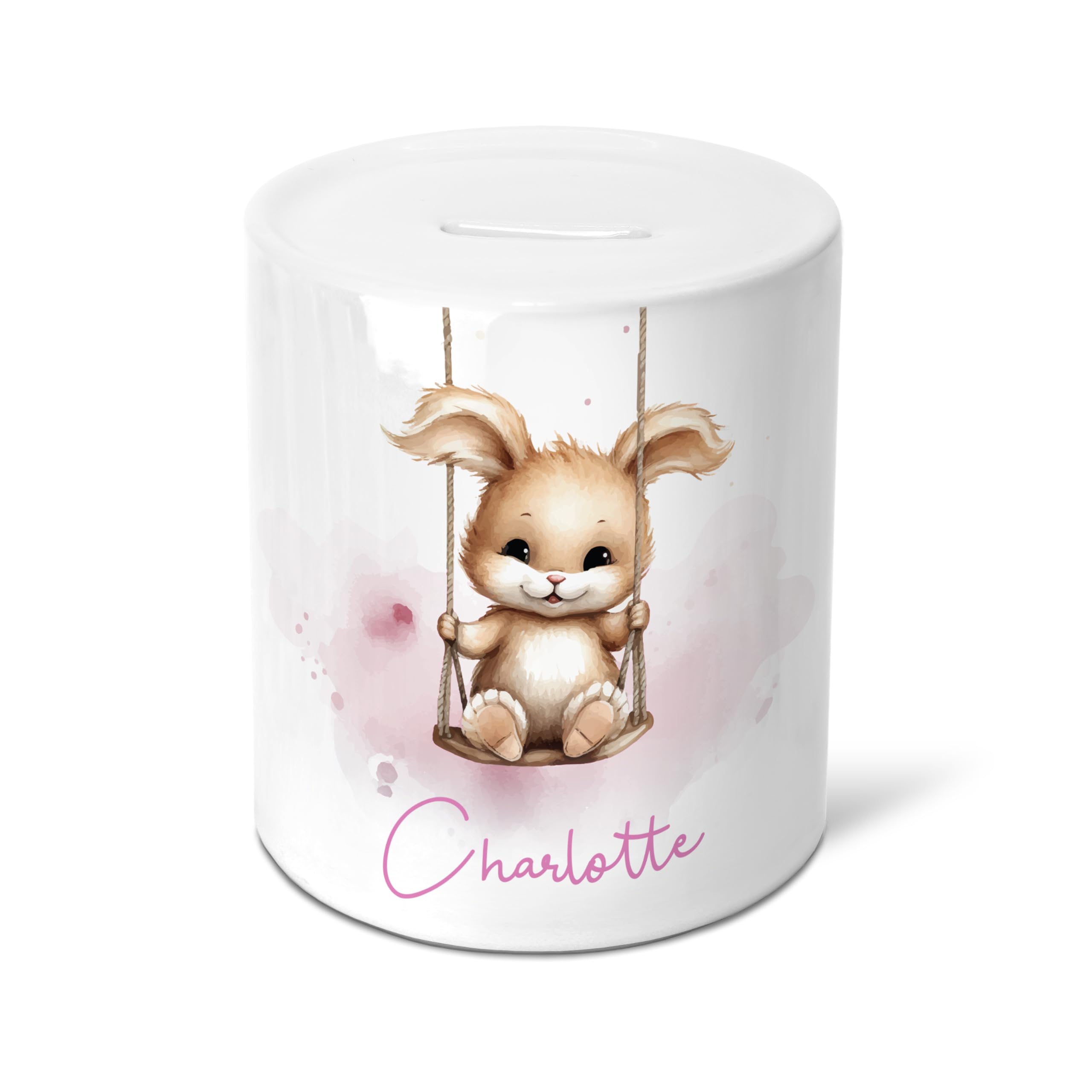 Personalised Animals on Swing Christening Money Box - Ceramic Piggy Bank for Newborn, Baby, Toddler or Child - Pink Theme Bunny Rabbit