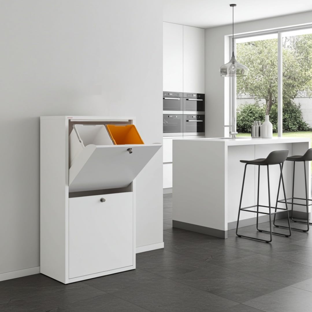 DON HIERRO EMI Cubo de Reciclaje 4 Compartimentos 80 L – Mueble Metálico Blanco de Diseño Moderno y Funcional – Hecho en España – Entrega Montado