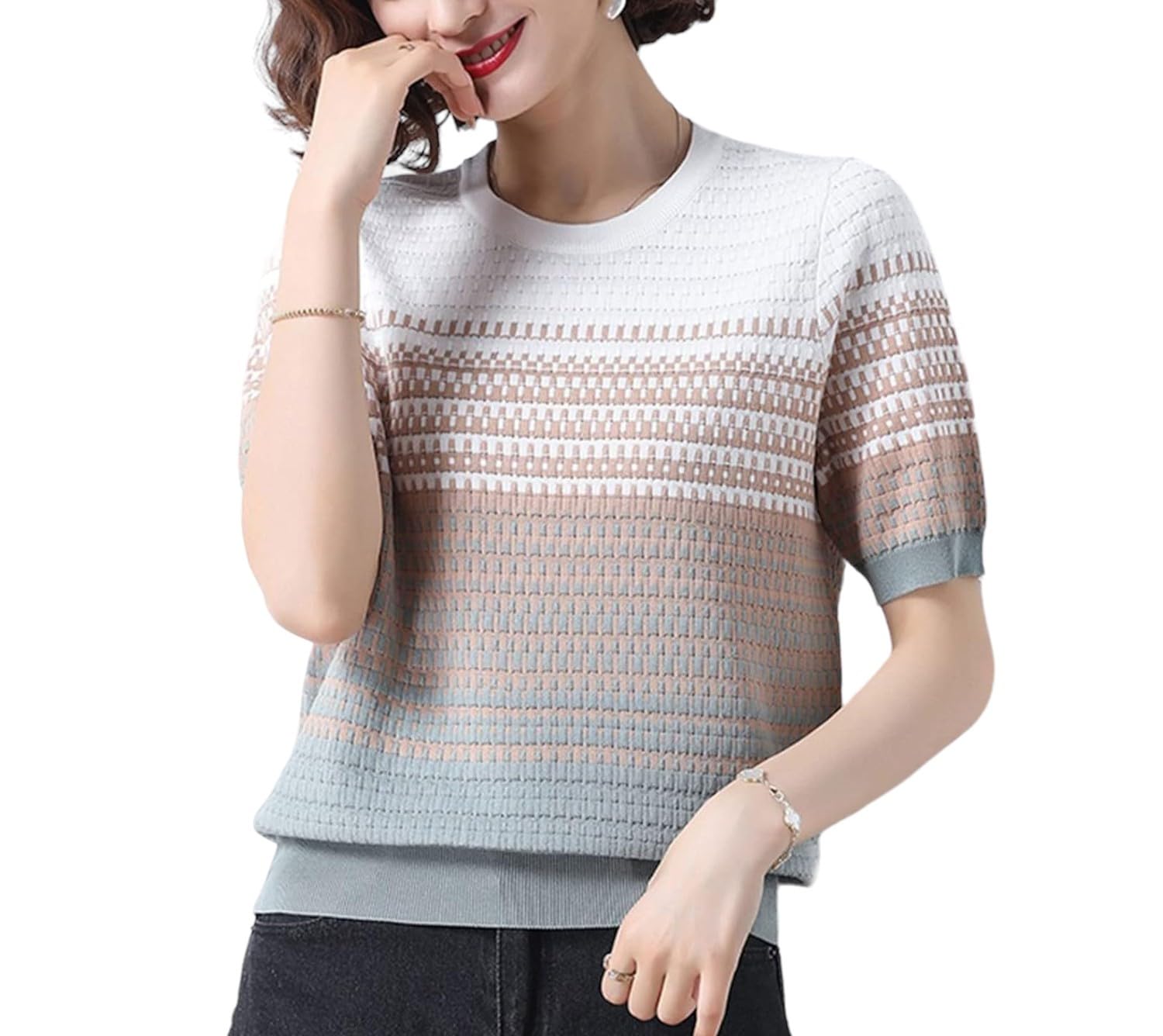 MYSTIFY® Women's T-Shirts, Striped Short Sleeve T Shirt Women Knitted Top Ladies Contrast Color Tee Shirt Summer Casual Clothes