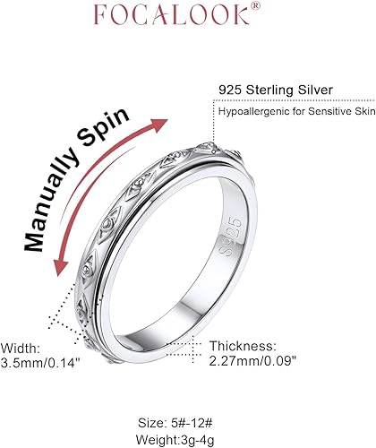 Miniatura 5 de FOCALOOK Anillo giratorio de plata de ley 925 para la ansiedad para mujeres en relieve, mal de ojocelta, anti estrés, anillo giratorio tamaño 5-12