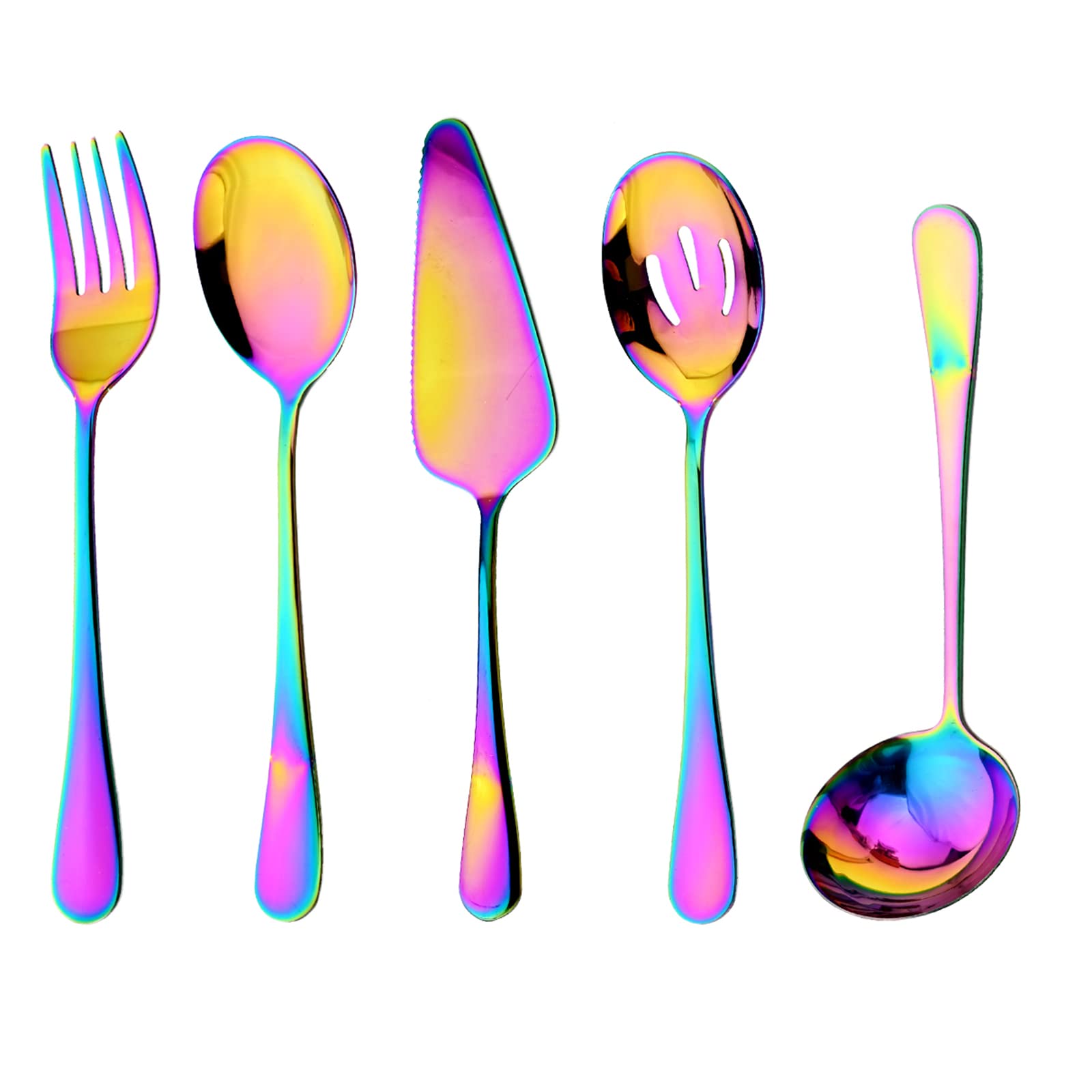 BRIIEC Stainless Steel Flatware Hostess Silverware Serving Set 5pcs,Rainbow Serving Utensil,Include Cake Server, Slotted Serving Spoon, Cold Meat Fork, Soup Ladle, Dishwasher Safe