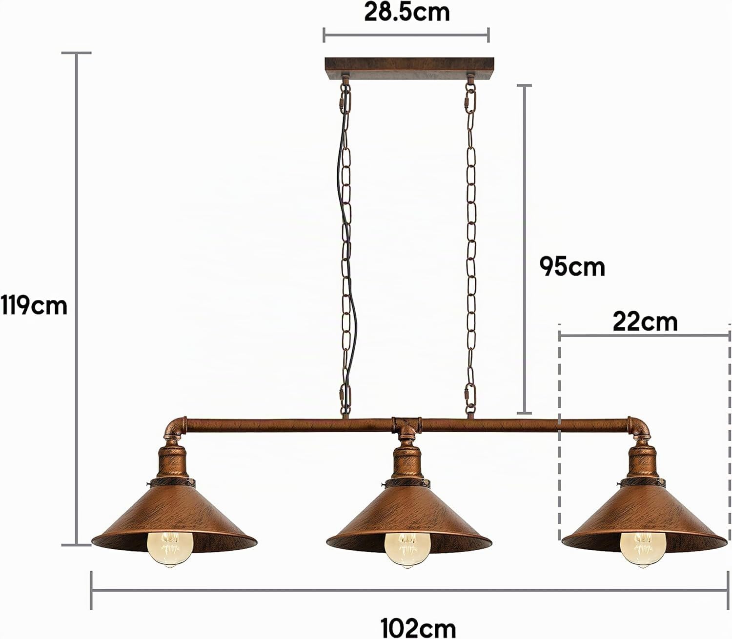 LEDSone Barra luminosa a 3 vie in stile vintage vintage stile steampunk con paralume lampada a sospensione lampada da soffitto in metallo (Rustic Red)