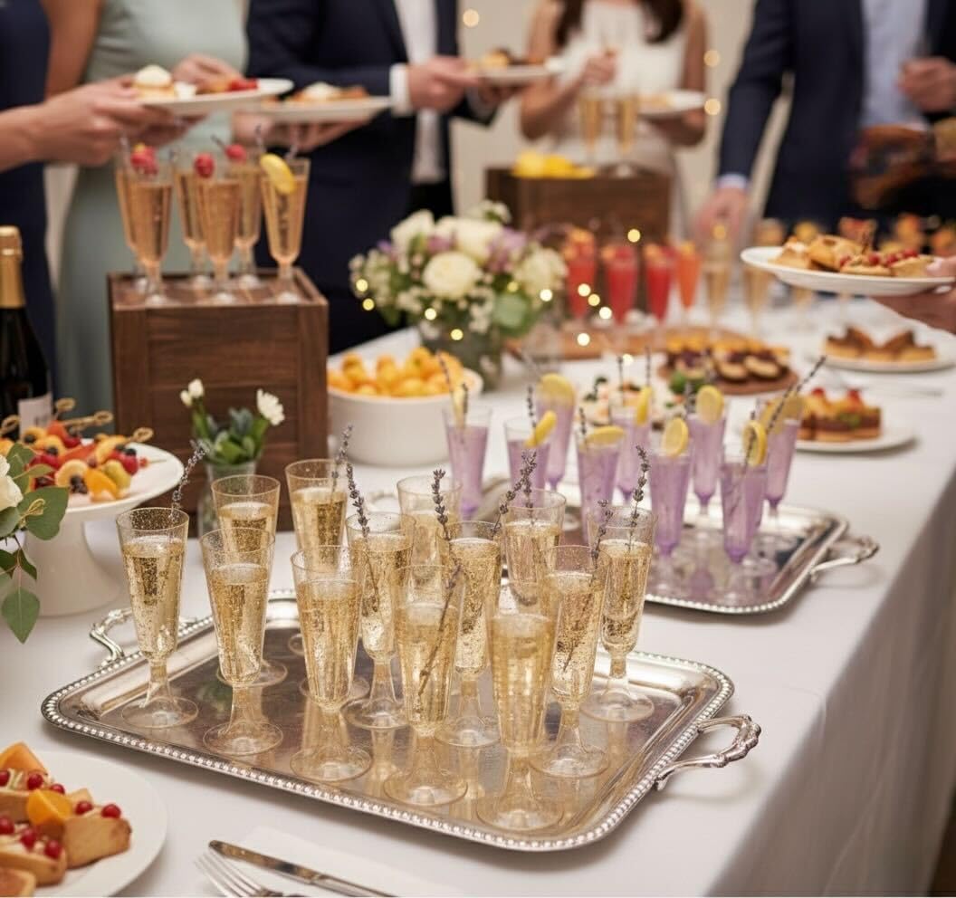 MATANA 50 Premium Plastic Champagne Flutes with Gold Glitter, 150ml / 5oz - Reusable Prosecco Glasses, Champagne Glasses, Plastic Flutes for Cocktail, Wine, Dessert, Weddings, Parties