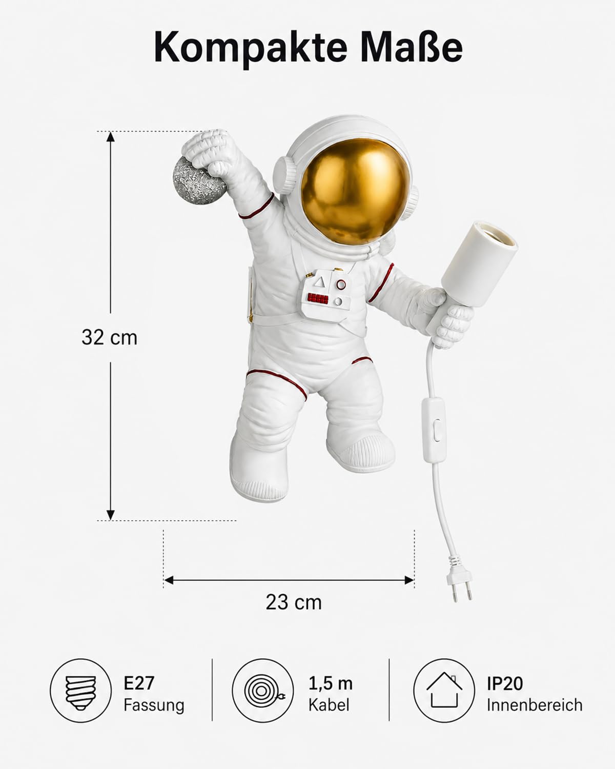 FREEUP Lámpara de pared moderna con enchufe y cable, lámpara de pared infantil para niños niñas, luz nocturna astronauta E27 luz de pared, blanco