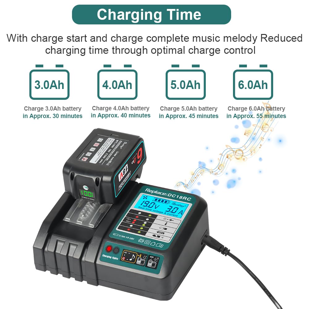 Powarobor DC18RC 14,4V-18V Caricabatteria rapido compatibile con Makita Li-ion batteria BL1830 Ｂ1850ＢL1850 BL1860B BL1830B BL1430 BL1450 caricabatterie 3A Con display LCD DC18RA