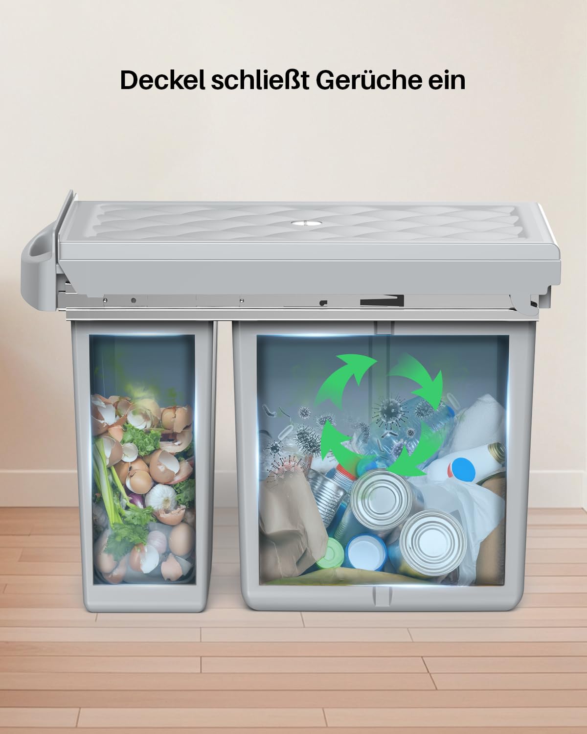 lovewind Abfallsammler Tandem 10L+20L, Mülltrennsystem Unterschrank mit kugelgelagerten Teleskopschienen, seitlichem Hängekorb, Vollauszug für Schränke ab 300mm Breite, Schiefergrau