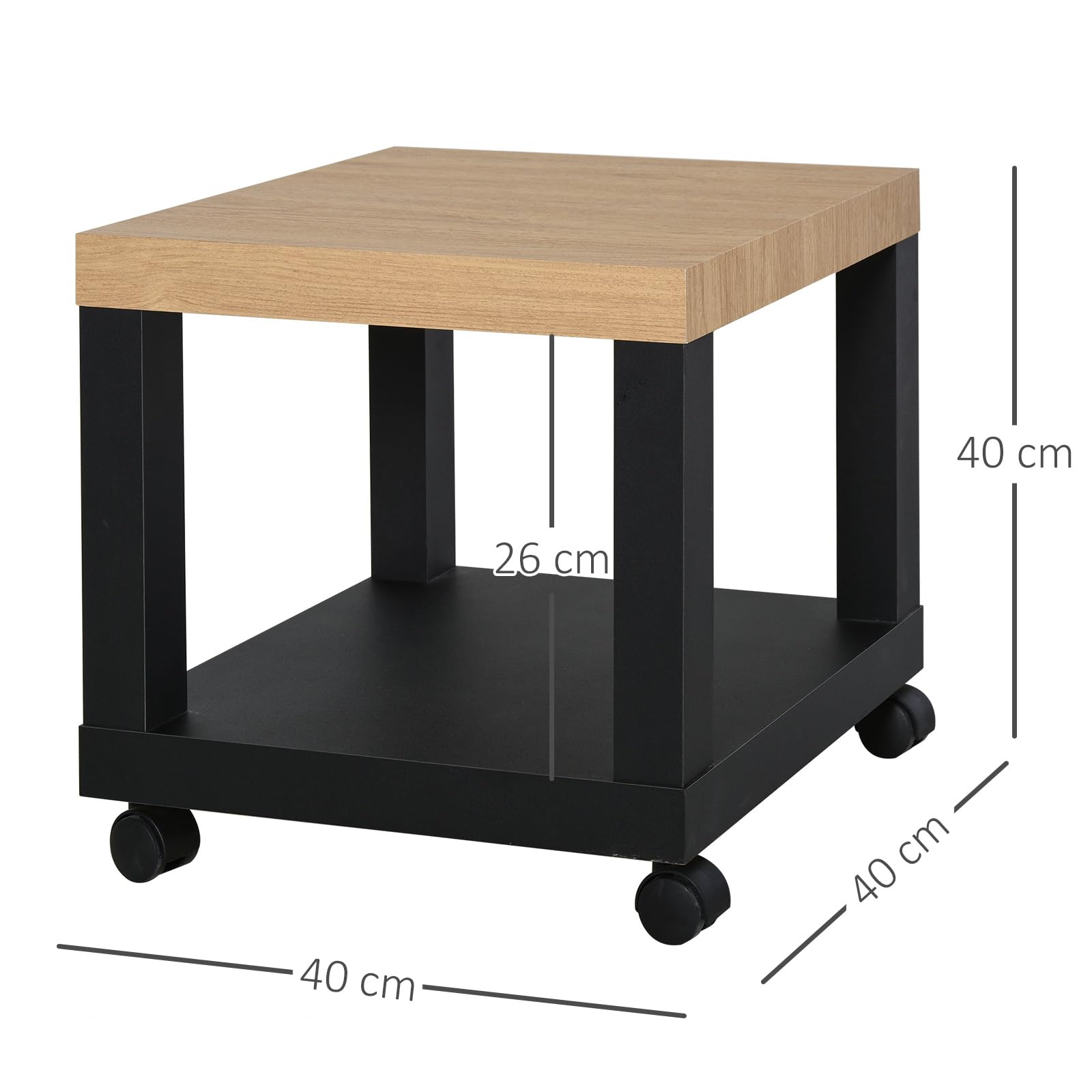 HOMCOM Table d'Appoint Roulante, Table Basse Moderne avec Étagère Ouverte, pour Salon, Chambre ou Bureau, 40 x 40 x 40 cm, Bois Naturel & Noir