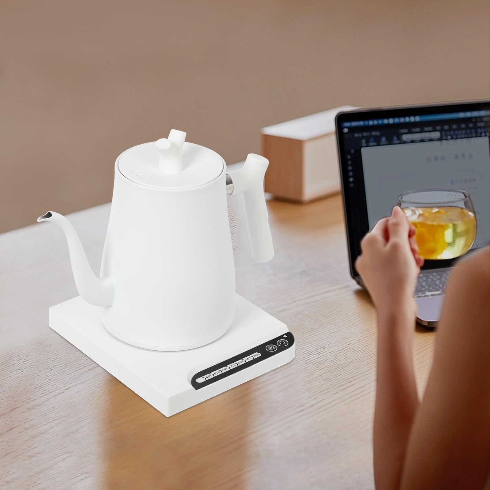 Hervidor eléctrico de 1 L, 1000 W, 7 niveles de temperatura del agua ajustables, cuello de cisne, para café y té, color blanco