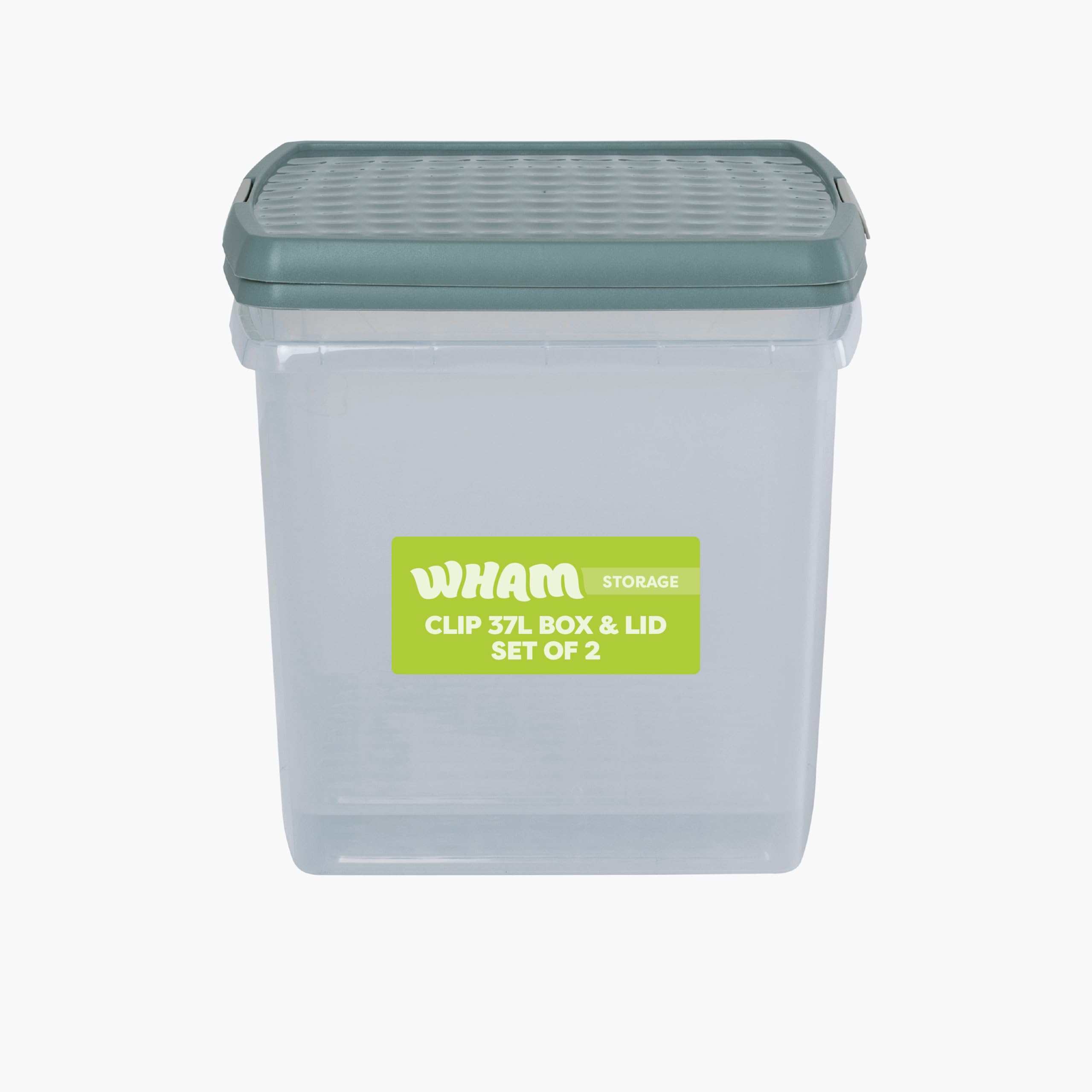 Wham Clear/Green Milieu Clip 2 X 37L Square Stackable Plastic Storage Boxes With Lids | Ideal For Home, Office, Toys & More | Storage Containers With Clip Locks | Made In Uk