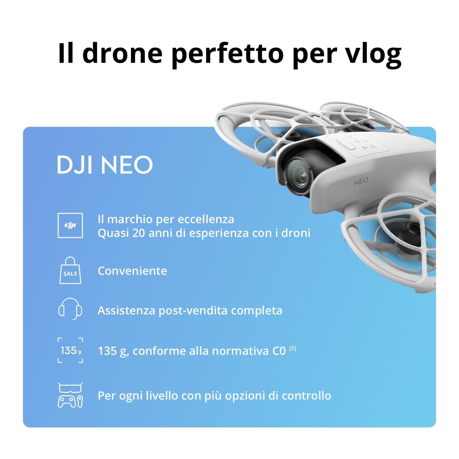DJI Neo, mini drone con fotocamera UHD 4K per adulti | 135g drone che vola da solo e ti segue, decollo dalla mano, tracciamento del soggetto, QuickShot, (senza radiocomando)