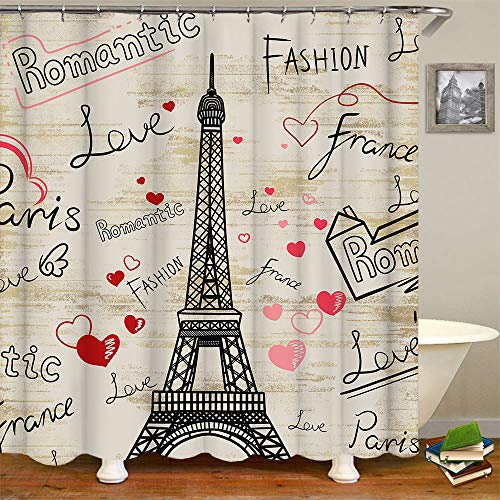 RyounoArt Paris Shower Curtain Eiffel Tower Bath Curtain Vintage Love Theme Bathroom Decor Fabric with Hooks 72'x72'