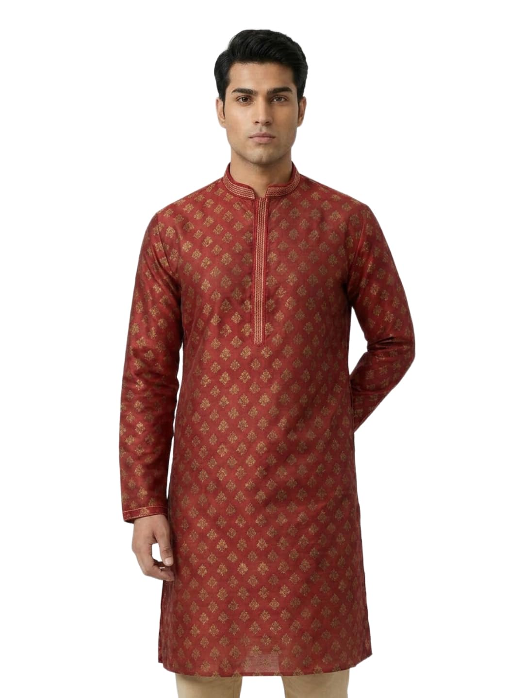 Men Regular Fit Jacquard Pattern Pure Polyester Mandarin Collar Full Sleeve Festive Kurta-picture-48