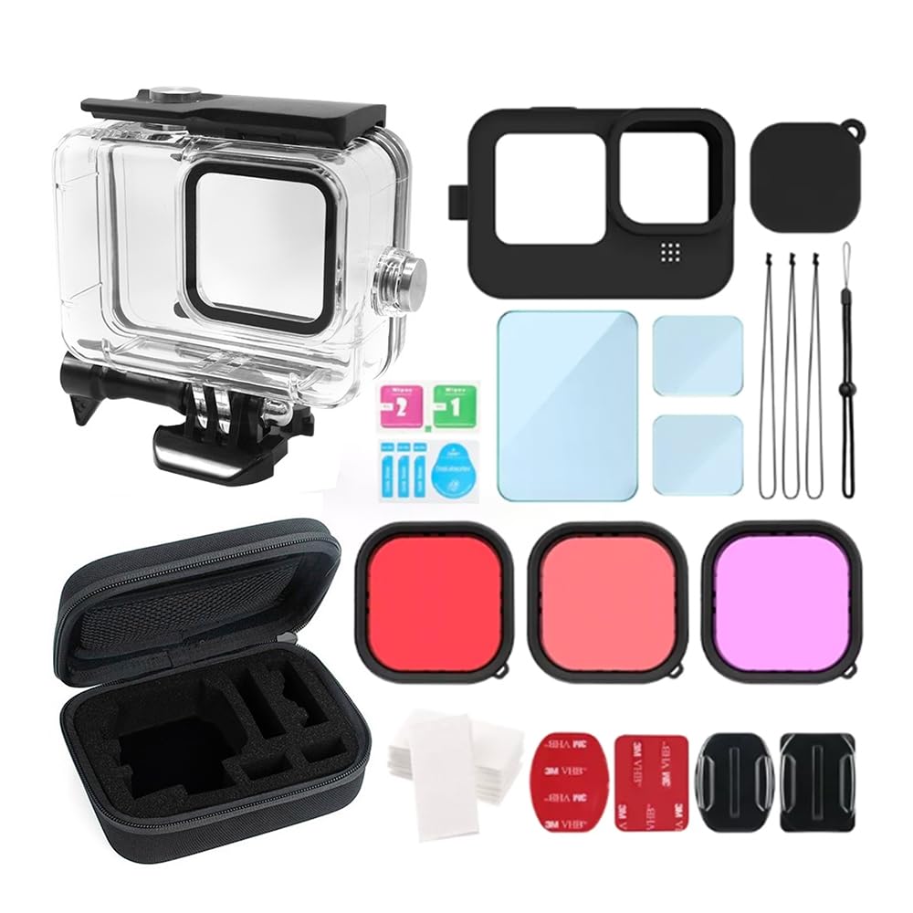 BUZHI Waterproof case Waterproof Case for Action Camera Waterproof Kit with 2pcs Silicone Protectors + 3pcs Tempered Glasses + 3pcs Filters + 12pcs Anti-Fog Plates + Cleaning Kit + Storage Case Comp.