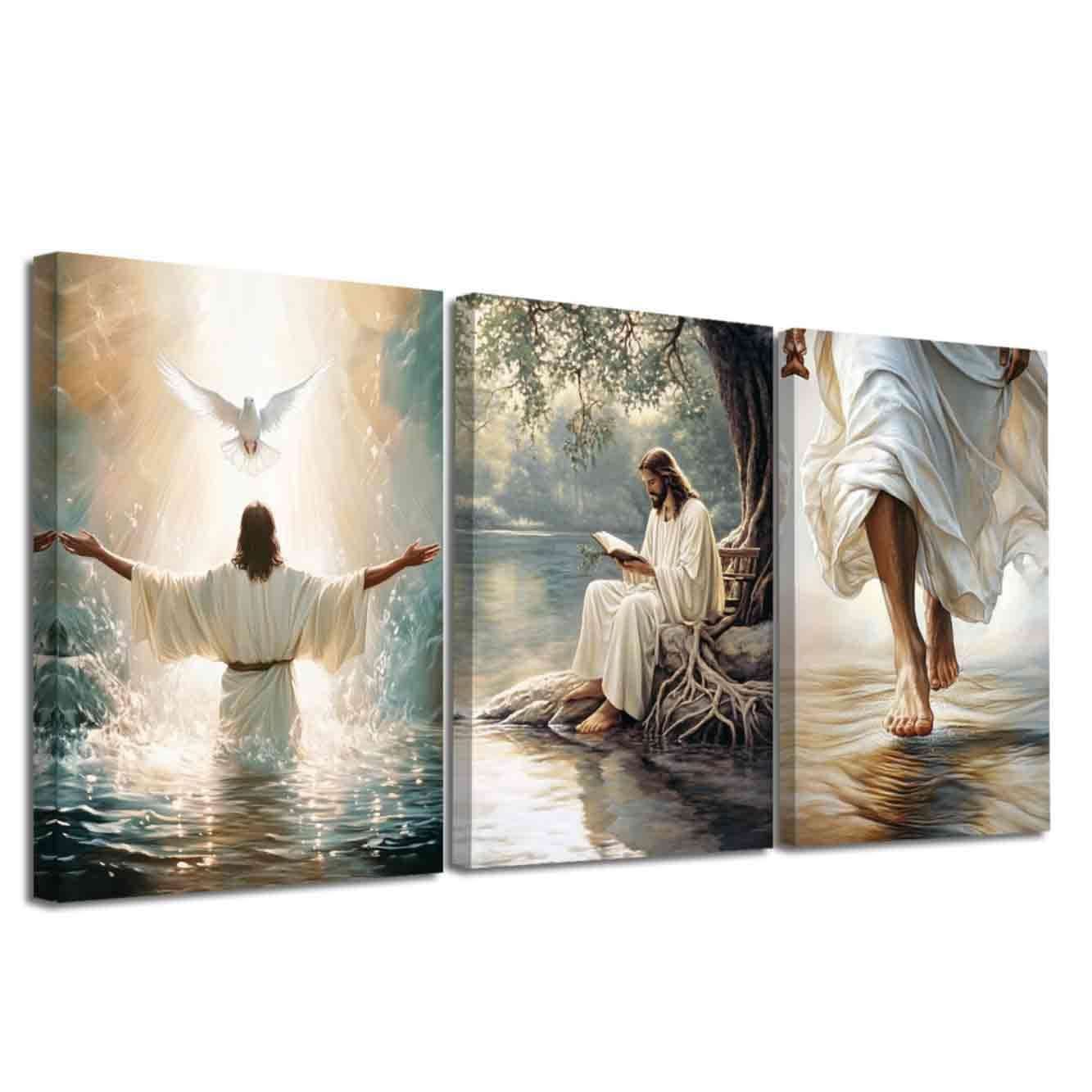 LZIMU 3Pcs Jesus Christ Wall Art Jesus Walks on Water Picture Religious Spiritual Paintings Bible Stories Canvas Print Peace Dove Poster Artwork Home Decor (28x35cmx3 Pieces)