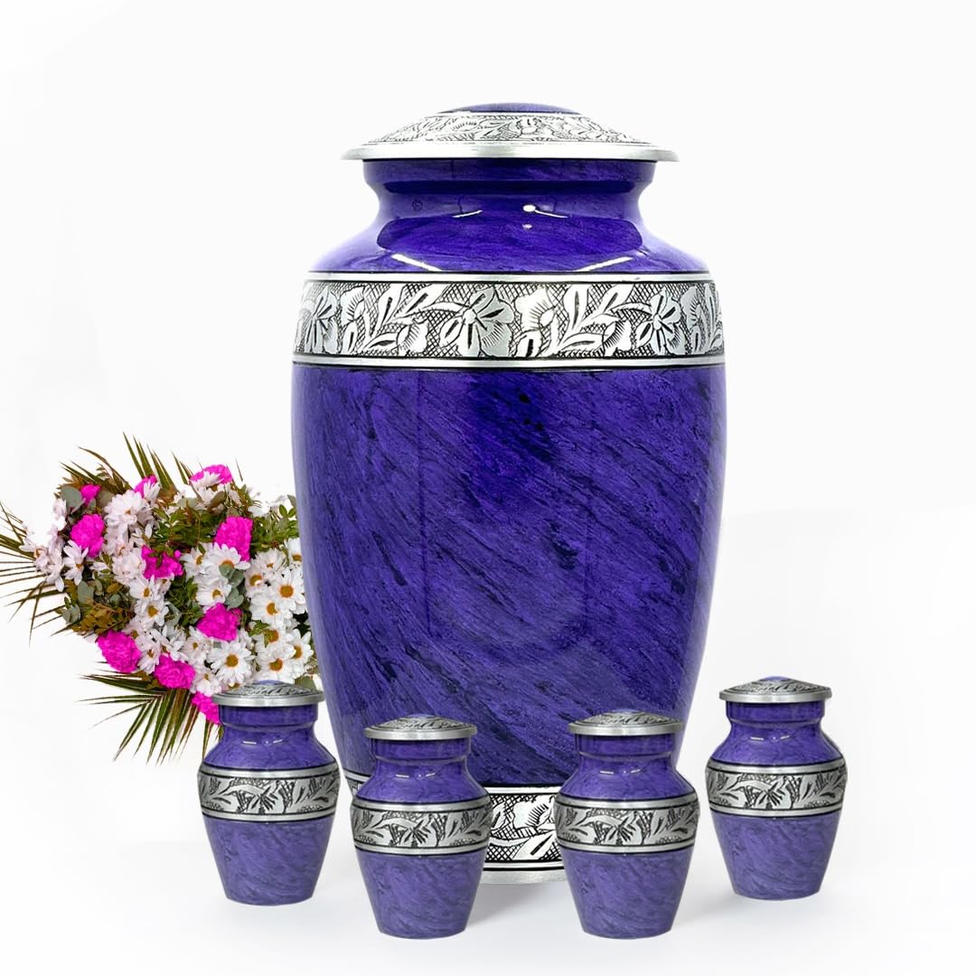 Bold & Divine Urn for Ashes of Mom & Dad - Cremation Urn for Adult Ashes Male & Female - Funeral Decorative Urn for Women & Men (Purple, Large & Mini Urns_Set of 5)
