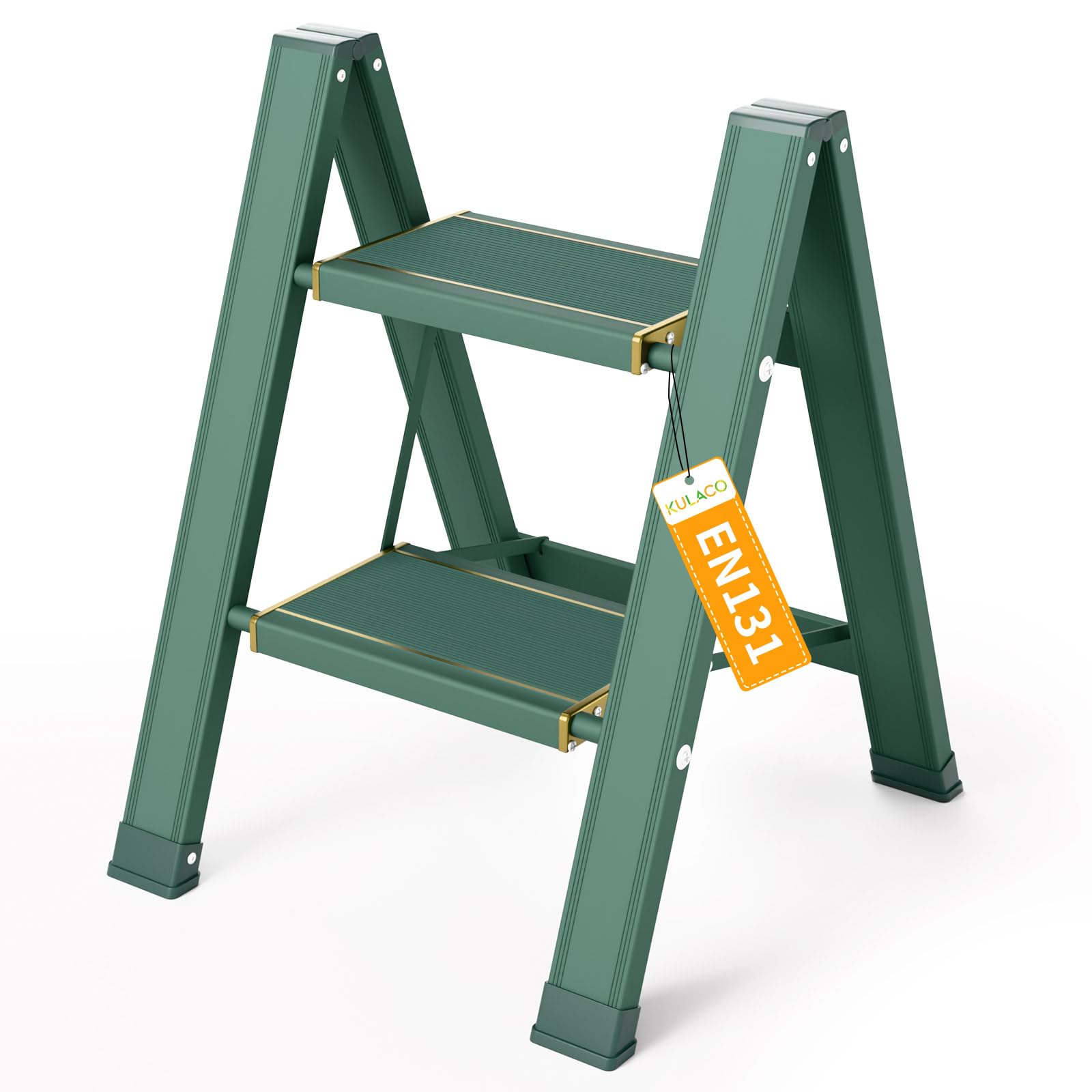 KULACO Escalera plegable de 2 peldaños, capacidad de 150 kg, con pedales anchos antideslizantes, escalera plegable de aluminio, escalera multifunción para el hogar, despensa, interior y exterior