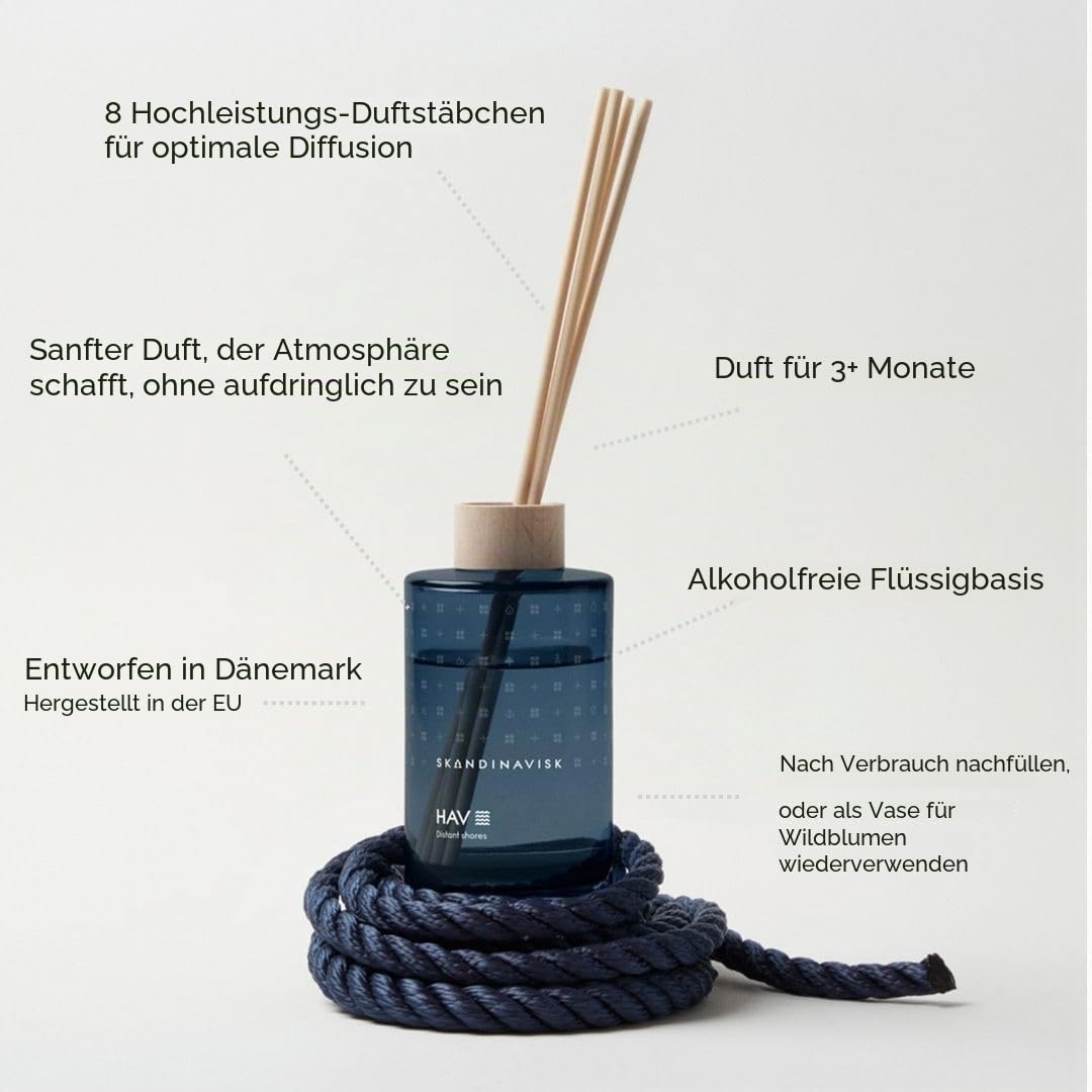 Skandinavisk HAV 'Meer' Duftstäbchen Diffusor mit 8 Stäbchen; Duftnoten: Salziges Sprühwasser (Gischt) und Seegras, Weißdorn und Strandrose, 100 ml.