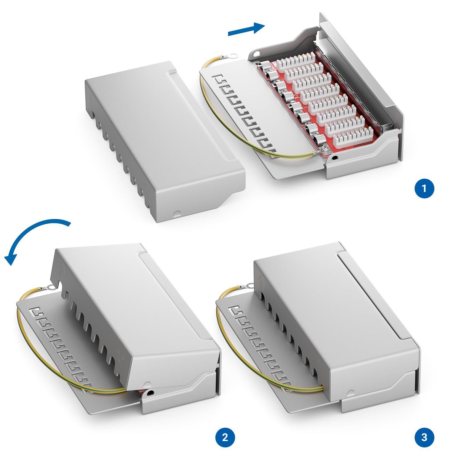 deleyCON CAT6a Patch Panel El Panel de Corrección 8 Puertos Escritorio y Montaje en Pared - Blindado - Enchufe 8X RJ45 - TIA568A TIA568B - Gris Claro