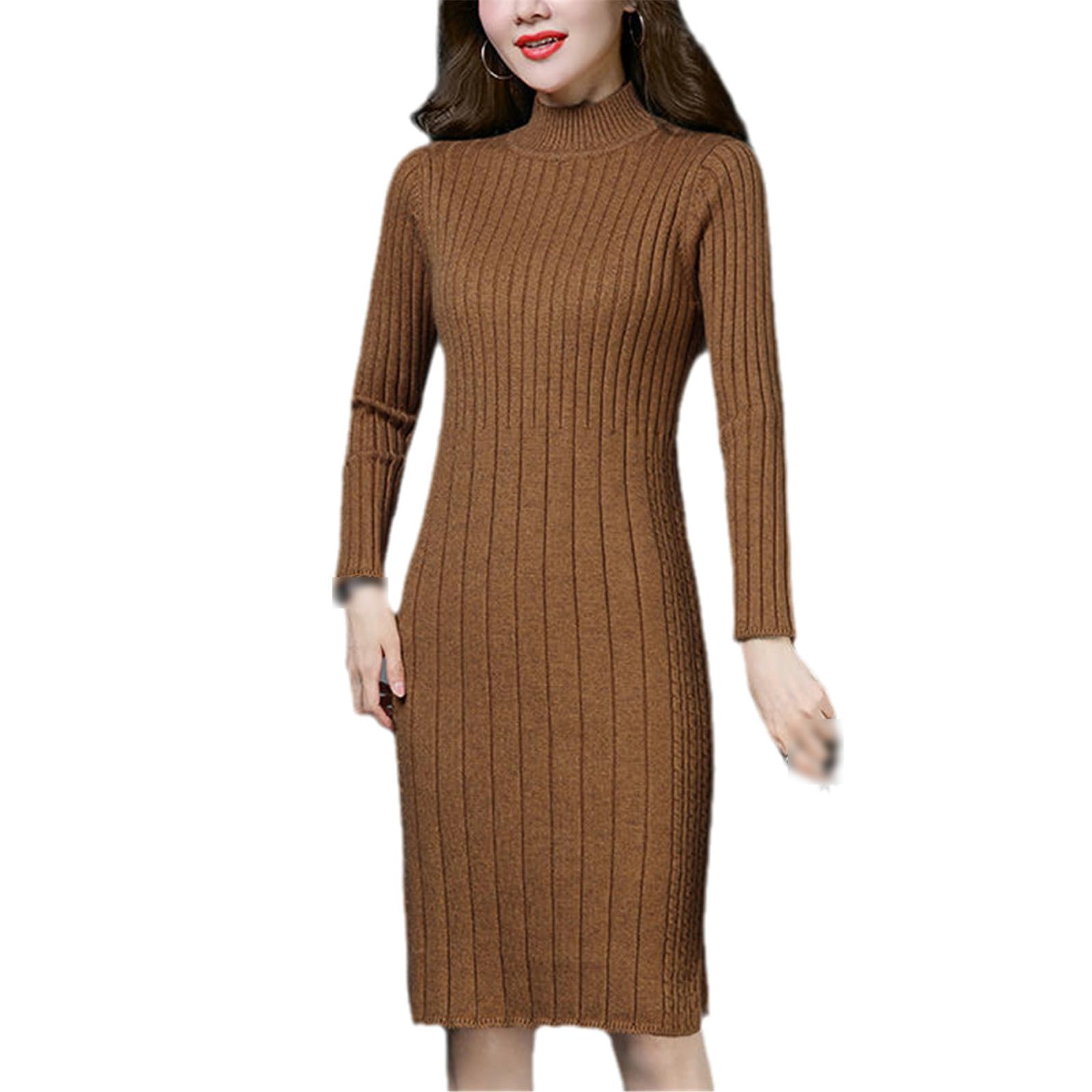 ZouoYYii Woman's Slim for Long Sleeve Bottoming Dress Ladies Knitted Dress Casual Half Turtleneck Sweater Dress Autumn Winter Brown M