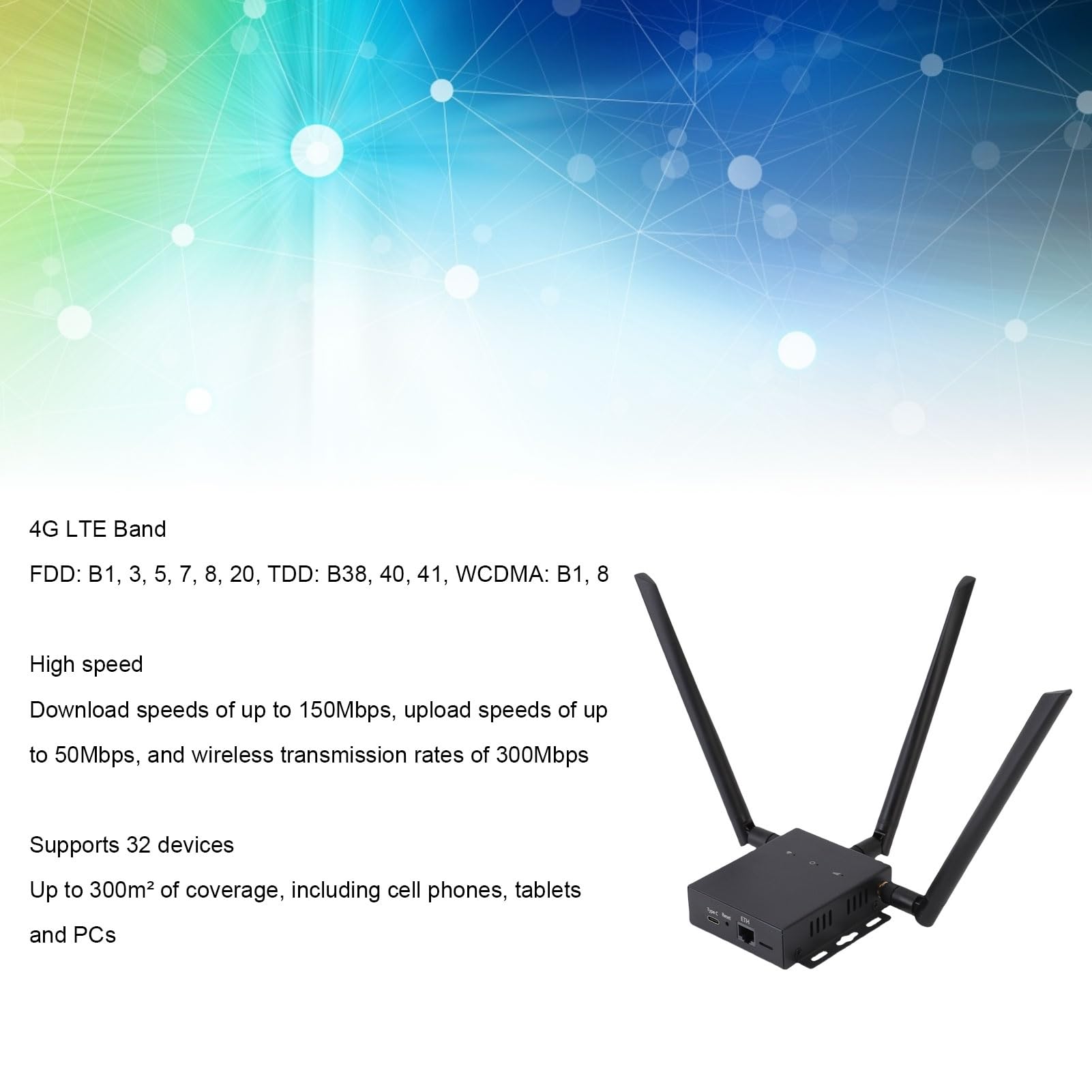 ASHATA Bezprzewodowy Router 4G LTE z Gniazdem Karty SIM, Bezprzewodowy Mobilny Hotspot Wi-Fi CPE 300 Mb/s z 3 Antenami Wersja Europejska Obsługa do 32 urządzeń dla Pojazdów Ciężarowych