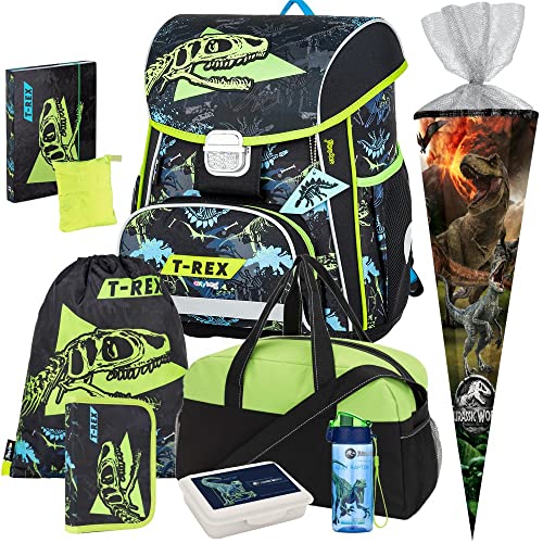 Primus-Versand T-REX - Dinosaurier Oxy Bag Premium COOL Schulranzen-Set 9tlg. mit Sporttasche, TRINKFLASCHE und SCHULTÜTE REGENSICHERHEITSHÜLLE GRATIS DAZU, Grün / Schwarz, Größe: 35 x 31 18 cm Cover