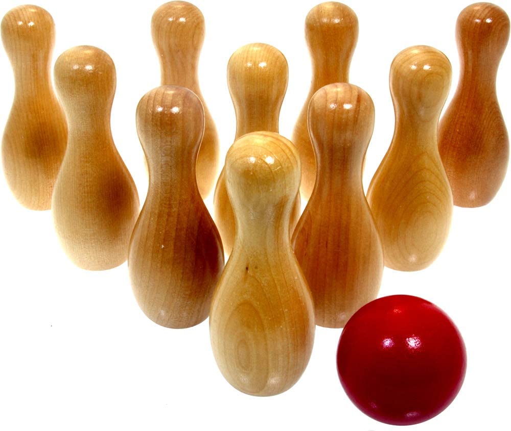 Jeu Quilles 10 Pièces Set Bowling En Bois - 10 Quilles + 3 Balles - Sac Filet - Intérieur & Extérieur - Enfants & Adultes Bowling Enfant