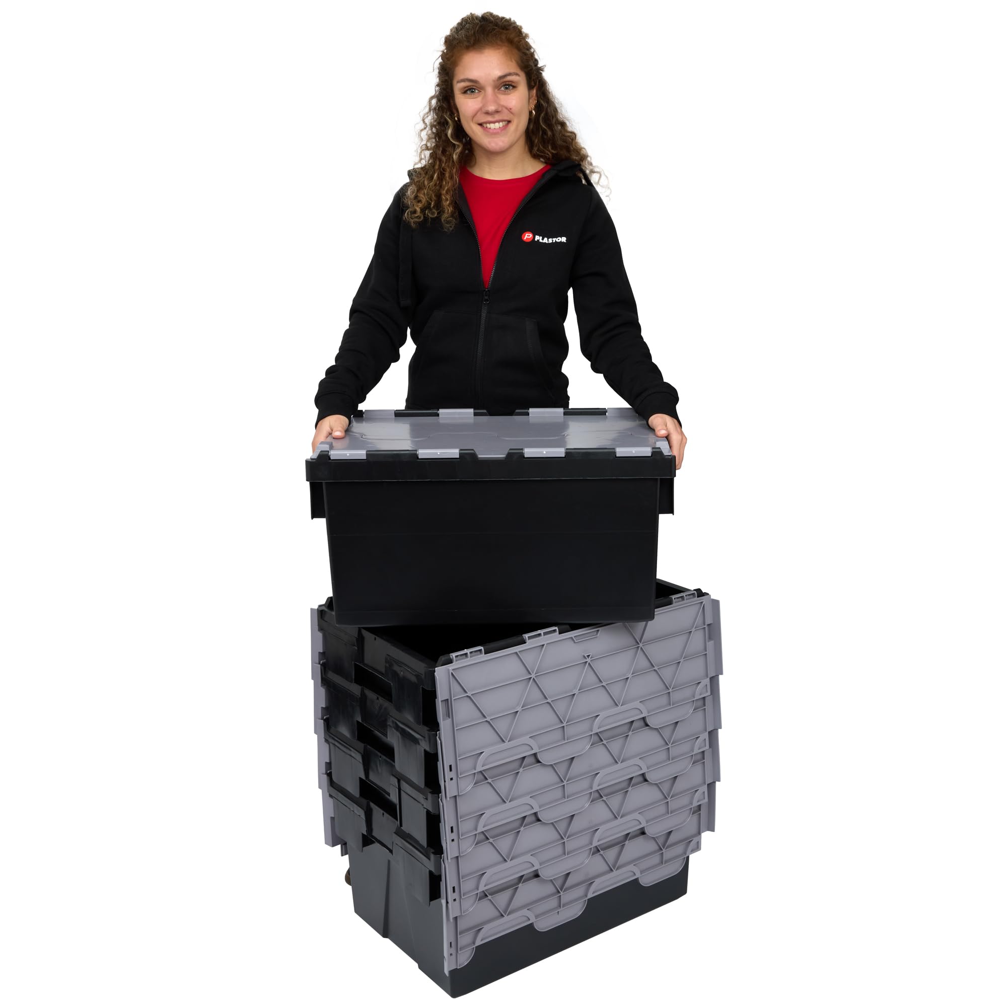 Plastor Pack of 5 - Plastic 55 Litre Heavy Duty Storage Box Tote Crates (60 x 40 x 30.6cm) Eco Black with Grey Attached Hinged Lids