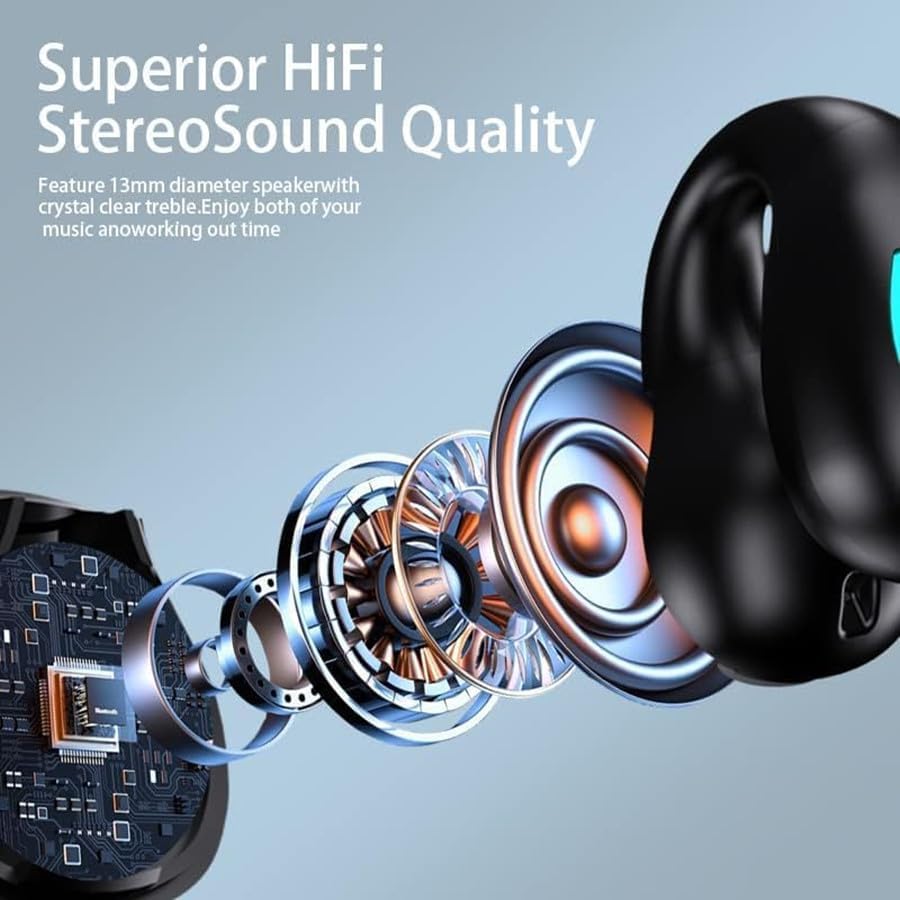 Open Ear Bone Conduction Headphones Bluetooth 5.3 Wireless Clip On Earbuds with Digital Display Charging Case 60 Hours Playtime IPX7 Waterproof Sports Earphones for Running, Walking, Workout(Black) - Image 4