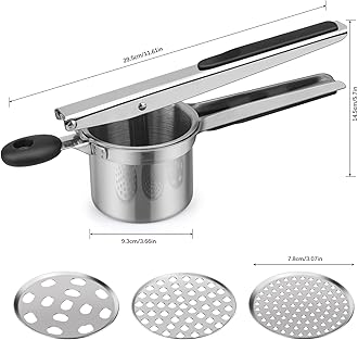 Potato Ricer Masher, Food Grade Stainless Steel Potato Ricer Press with 3 Interchangeable Discs, Multifunctional Ricer for Mashed Potatoes, Puree, Fruit & Vegetables, Baby Food