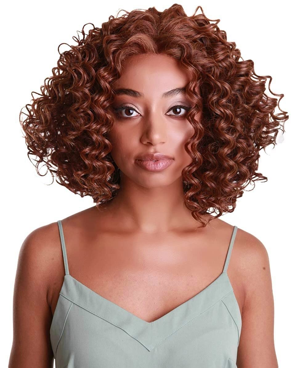 LUXLUXE Idia Curly 13 Inch Long 4X4 Hand-Tied Lace Front Wig, Good Heat Resistant Fiber, 20+ Shades of Natural, Dip Dyed, & Blended Colors (Copper Auburn Blend)