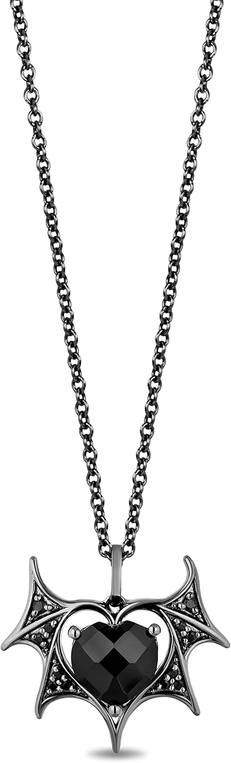 Jewelili Enchanted Disney Fine Jewelry Black Rhodium Over Sterling Silver 1/10 CTTW Black Diamond and Heart Onyx Maleficent Wing Heart Pendant Necklace, 18″ Cable Chain
