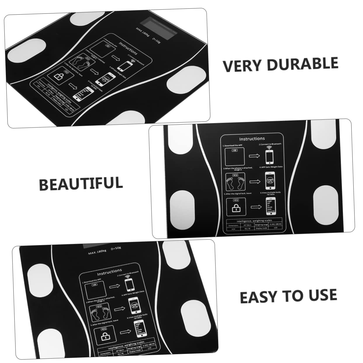 COLLBATH Báscula Inteligente de Peso Corporal Recargable por USB Pantalla LED Grande y Material Abs y Vidrio, Capacidad de 0.1kg a 180kg para Uso Doméstico