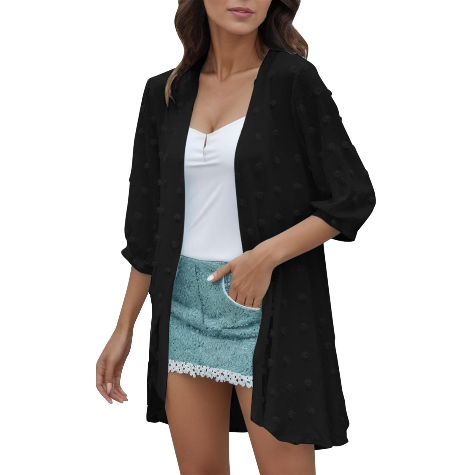 Windsfinr Kimono de gasa para mujer, manga 3/4, cubierta de bikini con estampado de flores, chaqueta frontal abierta para verano, cárdigan bikini
