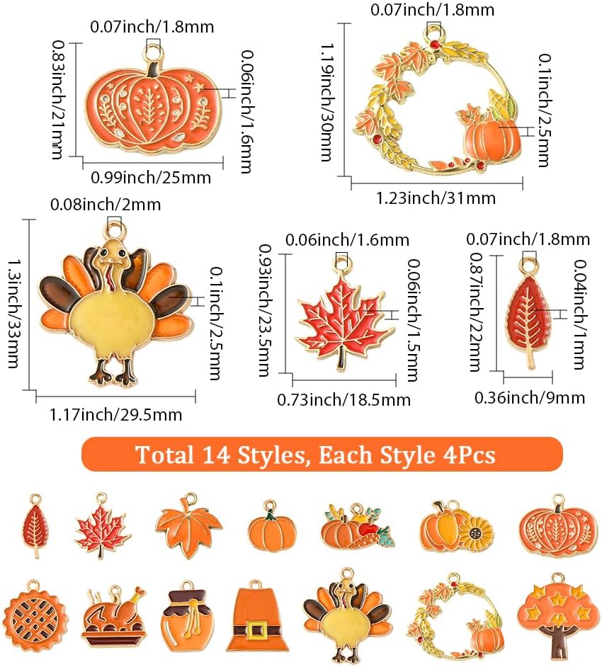 SUNNYCLUE 1ボックス 56個 14スタイル 感謝祭 ジュエリー メイキング チャーム 収穫チャーム バルク ゴールド メタ
