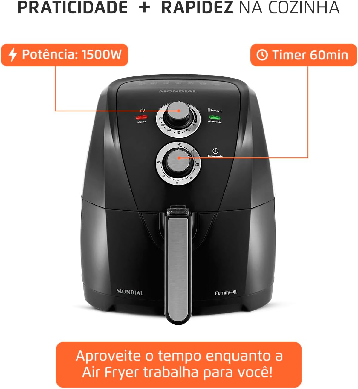 Fritadeira Sem Óleo Air Fryer 4L, Mondial, Preto/Prata, 1500W, 110V - AFN-40-BFS