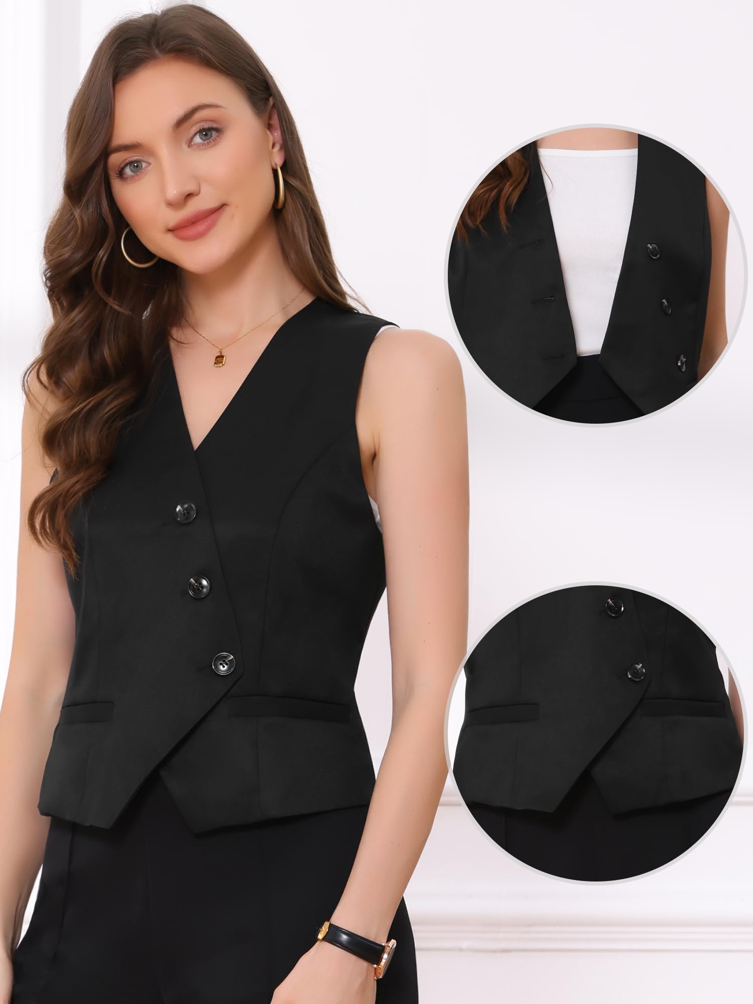 Allegra K Blazer sans Manches Femme Gilet de Costume d'affaires avec Ceinture au Dos Col en V Boutonné Veste Court de Bureau
