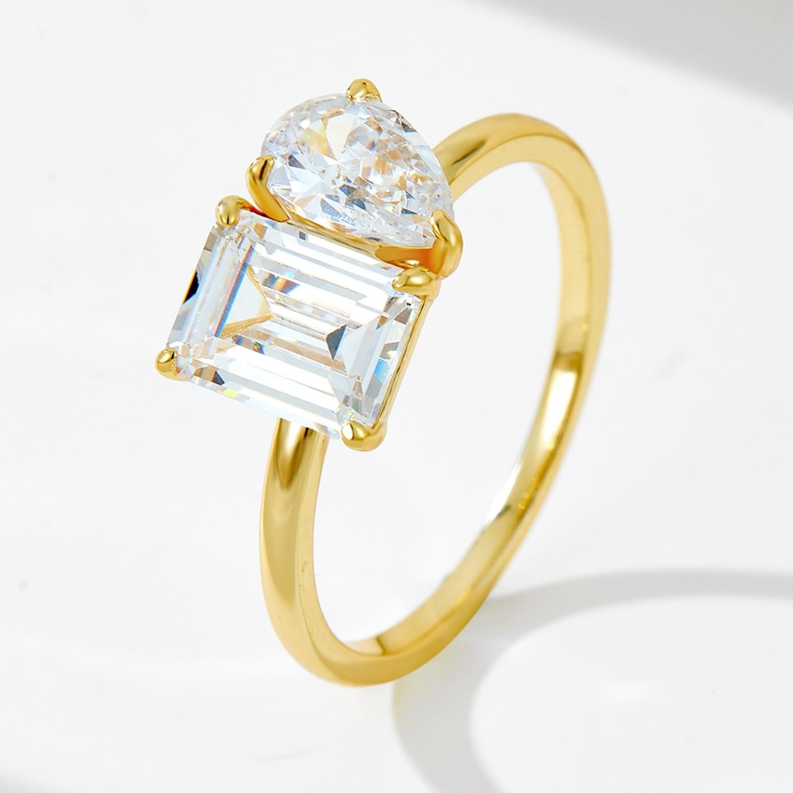 Anelli di fidanzamento, anello da donna per dito medio, forma rettangolare con moissanite 2 carati in oro giallo 9 K, misura 47 (15,0)