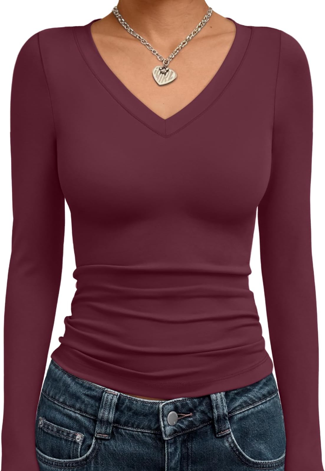 Long Sleeve Shirts for Women 2026 Fall Fashion V Neck Basics Crop Tops Slim Fitted Y2K Tops Outfits Clothes