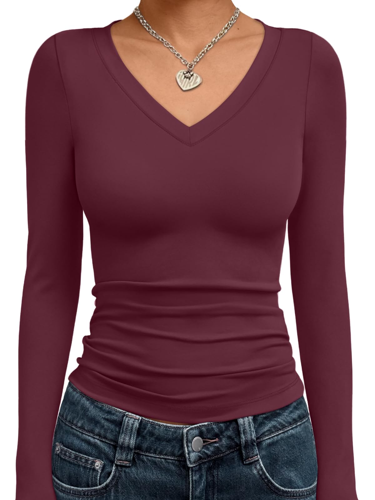 Trendy Queen Long Sleeve Shirts for Women 2025 Fall Fashion V Neck Basics Crop Tops Slim Fitted Y2K Tops Outfits Clothes