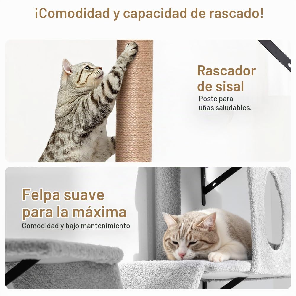 PawGiant Estantes 5 en 1 para Gatos, Juego de Muebles de Pared de Madera | Escalador de Gatitos con Poste Rascador de Árbol, Rascador, Puente Colgante y Descanso, Hasta 18 kg, Gris Claro