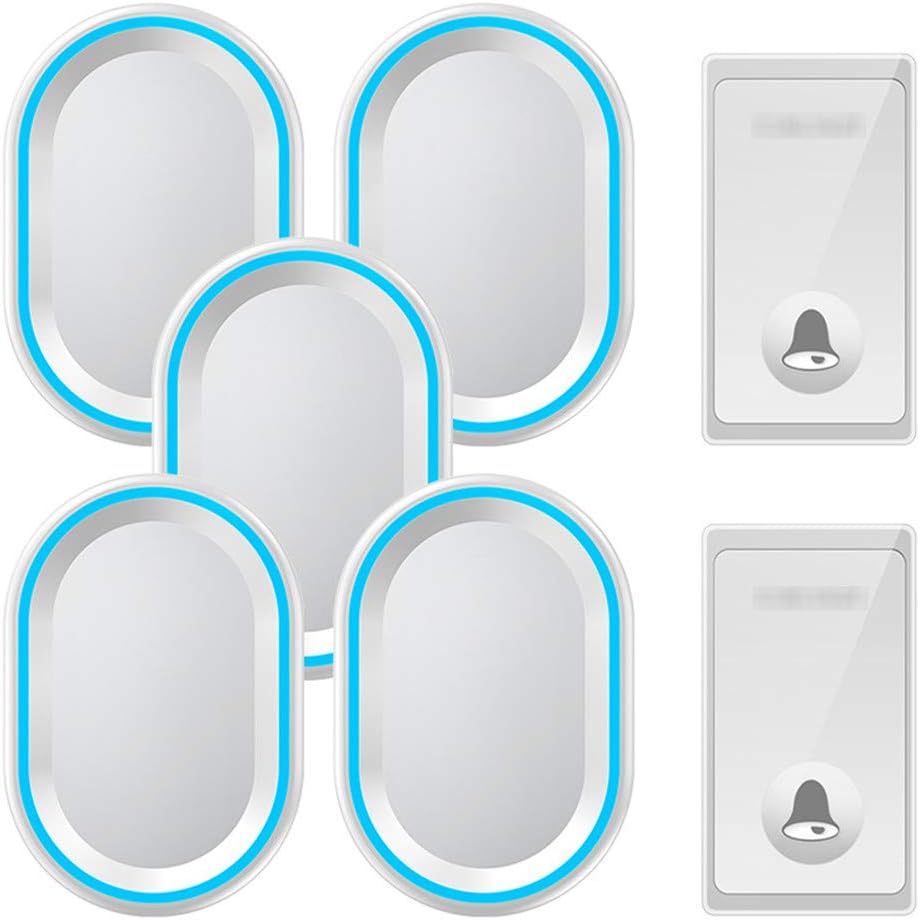Wireless Doorbell,IP44 Waterproof Door Chime 2 Push Buttons and 5 Plug in Receivers with Blue Flash Light 4 Adjustable Volume Levels 58 Melodies,Fit for Home Office Store,1 (1 (2)